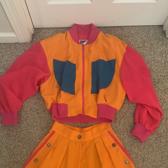 Vtg 90s Y2K Gamma of Los Angeles Colorblock Rave bright crop jacket & short XS - Picture 2 of 5